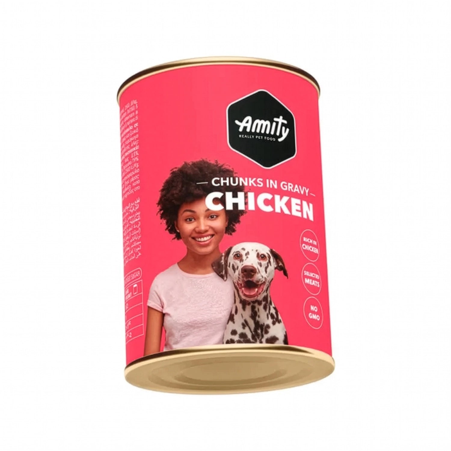 Amity Premium Lata Chunks in Gravy Pollo para Perros, alimento húmedo con trozos de pollo en salsa, envase rosado con perro dálmata.