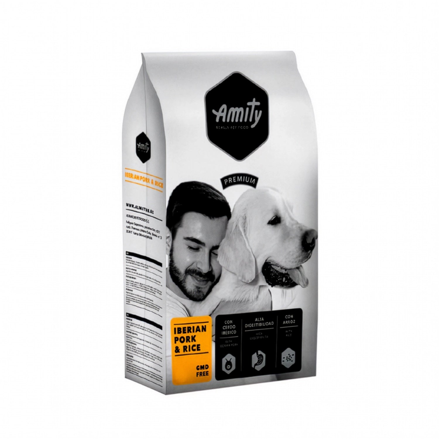 Amity Premium Cerdo Ibérico y Arroz para Perros, saco de alimento seco con imagen de perro, dueño y beneficios nutricionales.