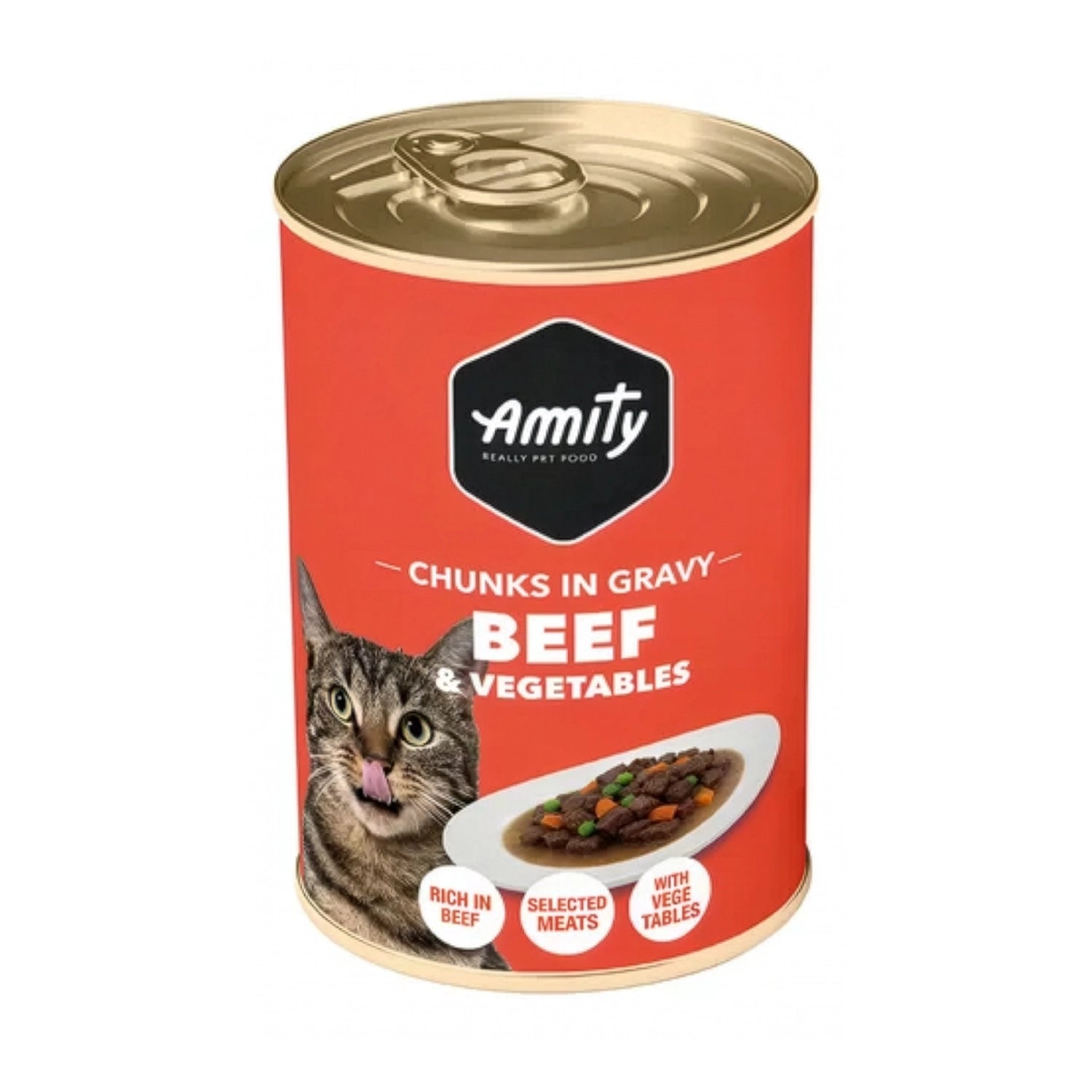 Amity Premium Lata Chunks in Gravy Vacuno y Vegetales para Gatos, alimento húmedo con trozos de vacuno en salsa y vegetales.
