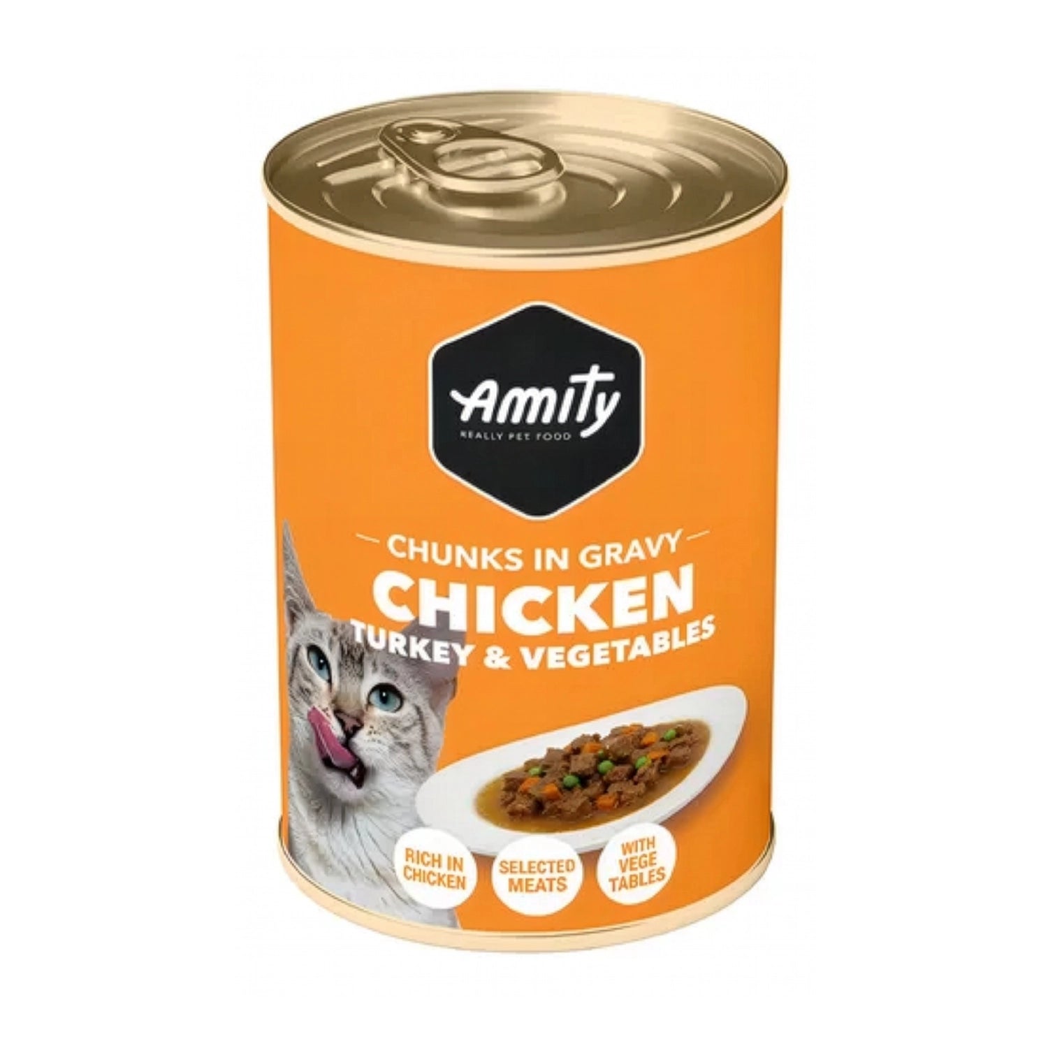 Amity Premium Lata Chunks in Gravy Pollo, Pavo y Vegetales para Gatos, alimento húmedo con trozos de carne en salsa.