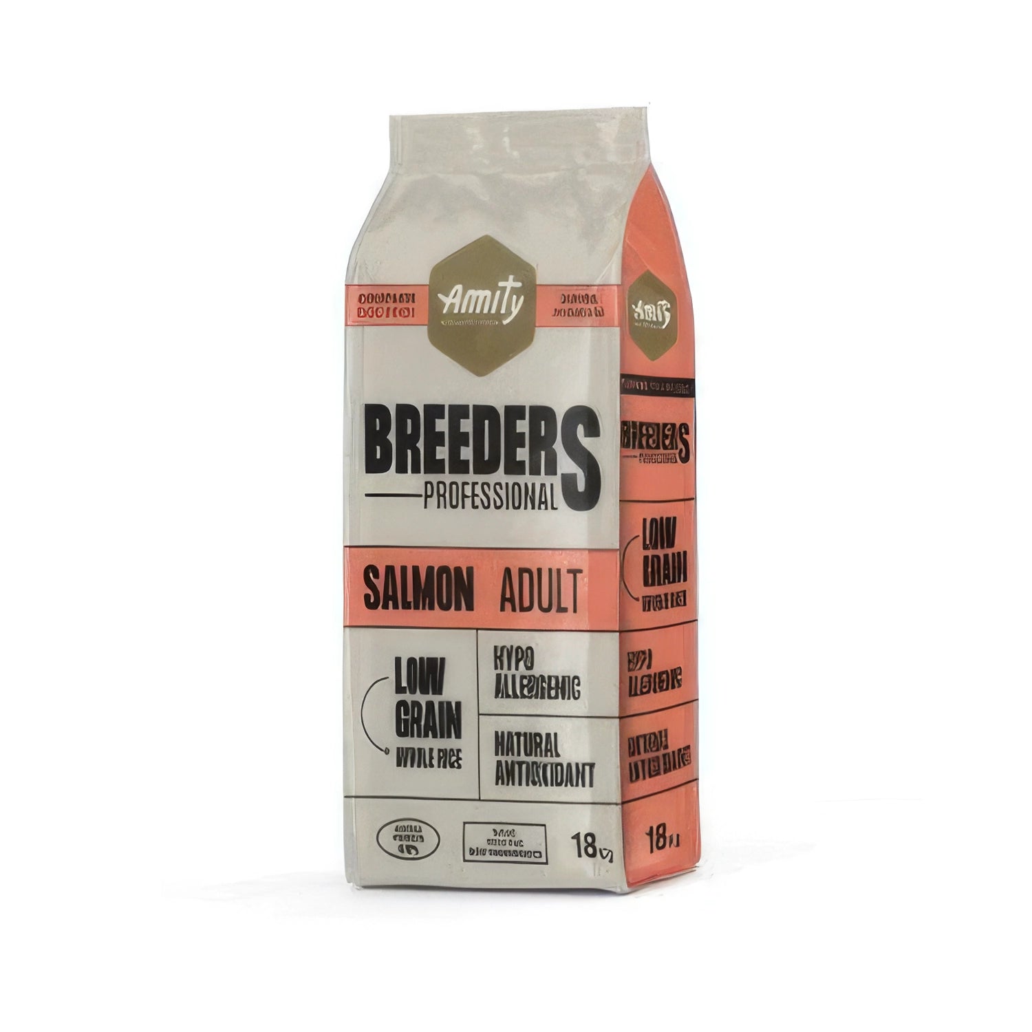 Amity Low Grain Breeder Salmón para Perros en saco blanco y salmón, alimento seco para perros adultos con receta baja en cereales.