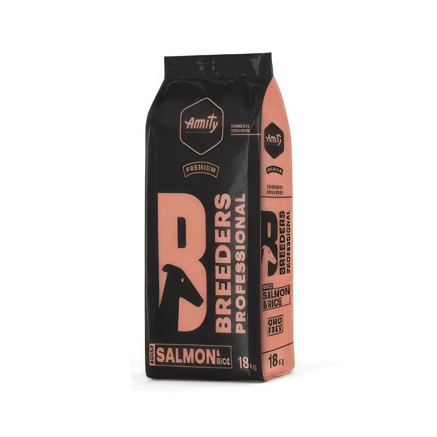 Amity Premium Breeder Salmón y Arroz para Perros 18 Kg en saco negro y salmón, alimento seco premium para perros adultos.