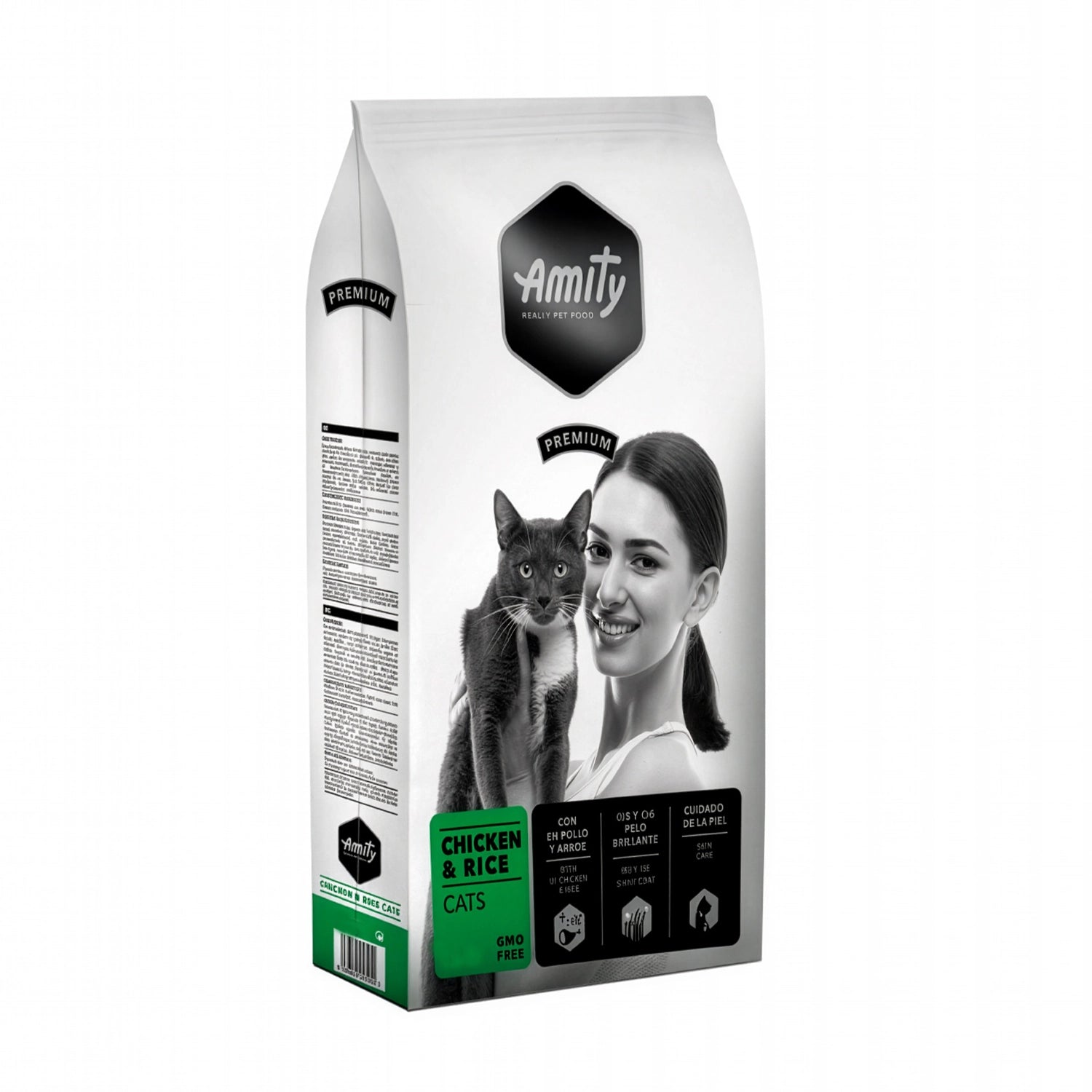 Amity Premium Pollo y Arroz para Gatos, alimento seco para gatos con pollo, arroz y beneficios para piel y pelaje.