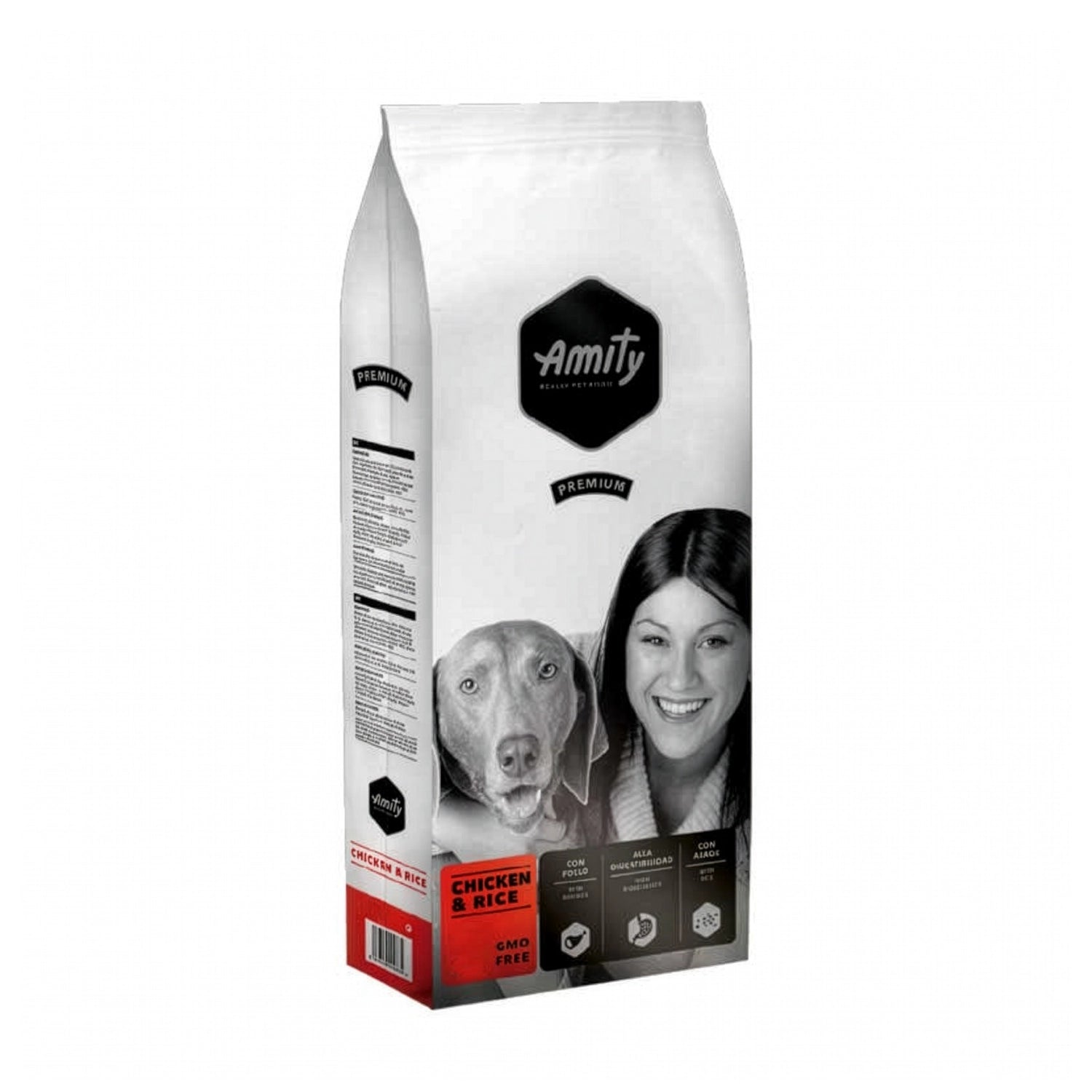 Amity Premium Pollo y Arroz para Perros, alimento seco con pollo y arroz para perros adultos en envase premium.