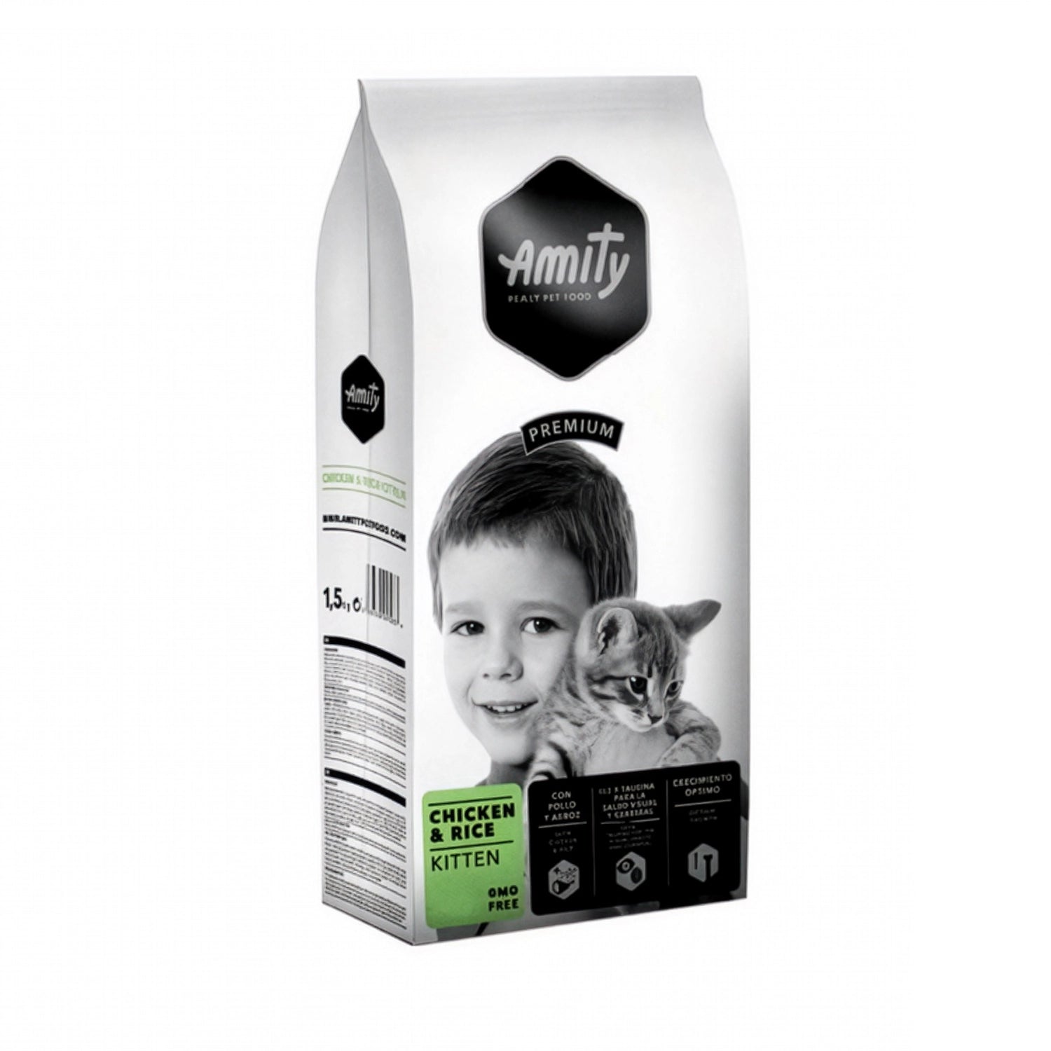 Amity Premium Pollo y Arroz para Gatitos, alimento seco para gatitos con pollo, arroz y nutrientes para el crecimiento.