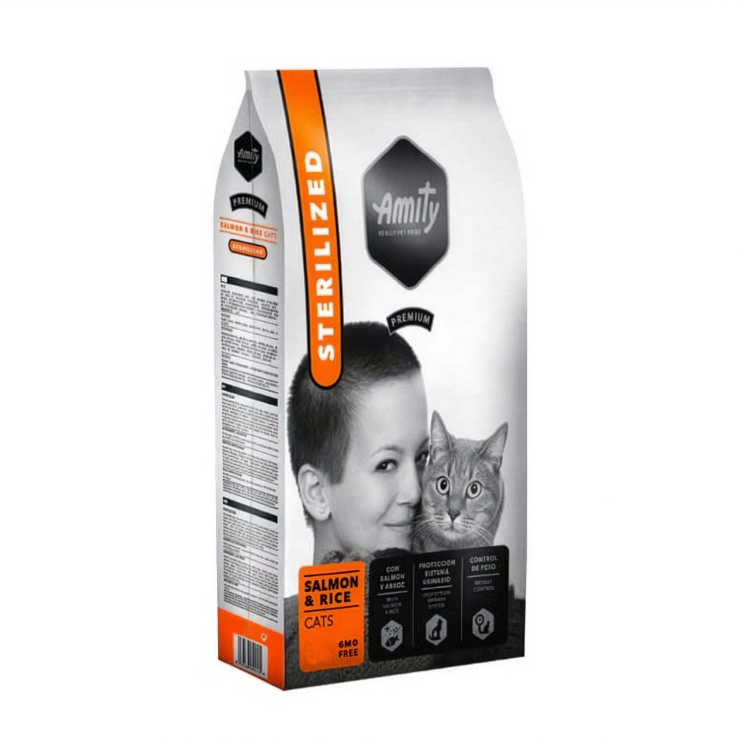Amity Premium Salmón y Arroz para Gatos Esterilizados, alimento seco con salmón y arroz para control de peso y salud urinaria.