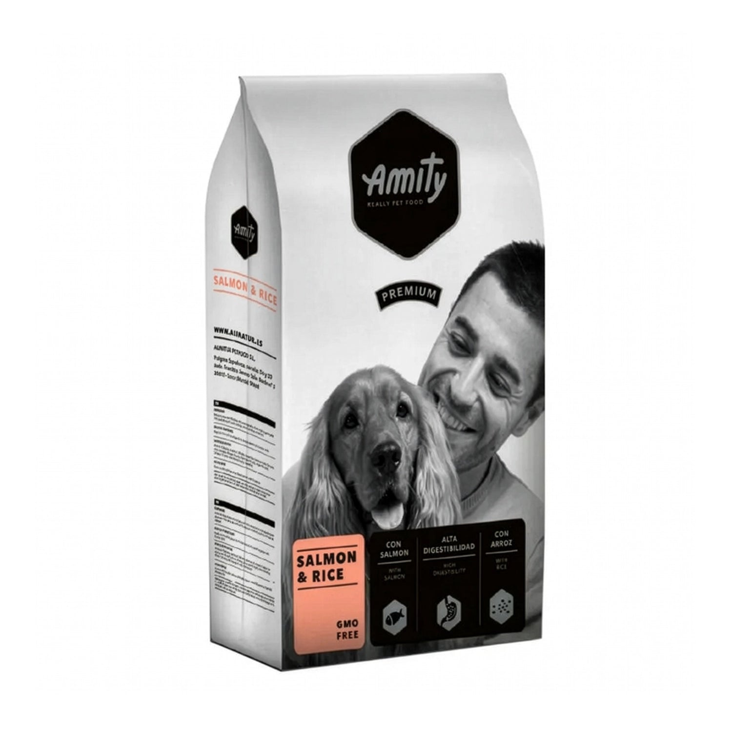 Amity Premium Salmón y Arroz para Perros, alimento seco con salmón y arroz para perros adultos de alta digestibilidad.