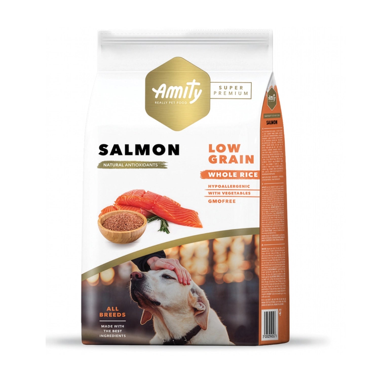 Amity Low Grain Salmón para Perro Adulto en bolsa de alimento seco, con salmón, arroz integral y perro adulto en portada.