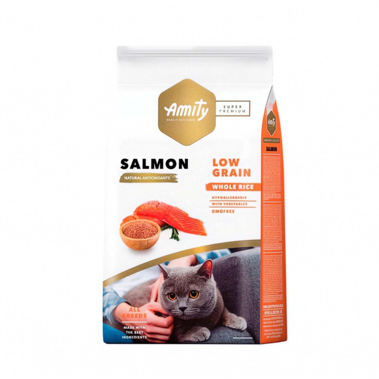 Amity Low Grain Salmón para Gatos, alimento seco hipoalergénico con salmón, arroz integral y fotografía de gato gris.