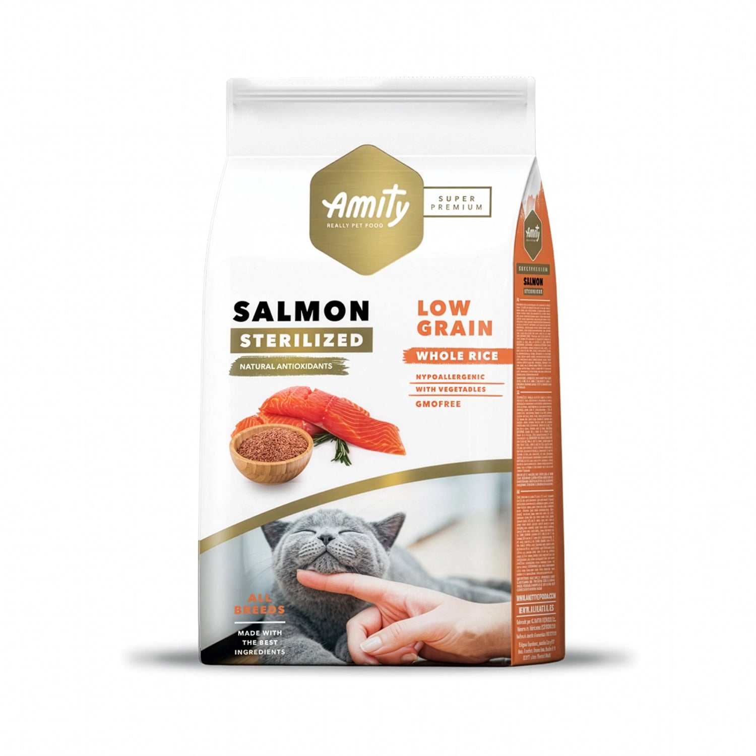 Amity Low Grain Salmón para Gatos Esterilizados, alimento seco en saco con ilustración de salmón y gato gris, diseño premium visible