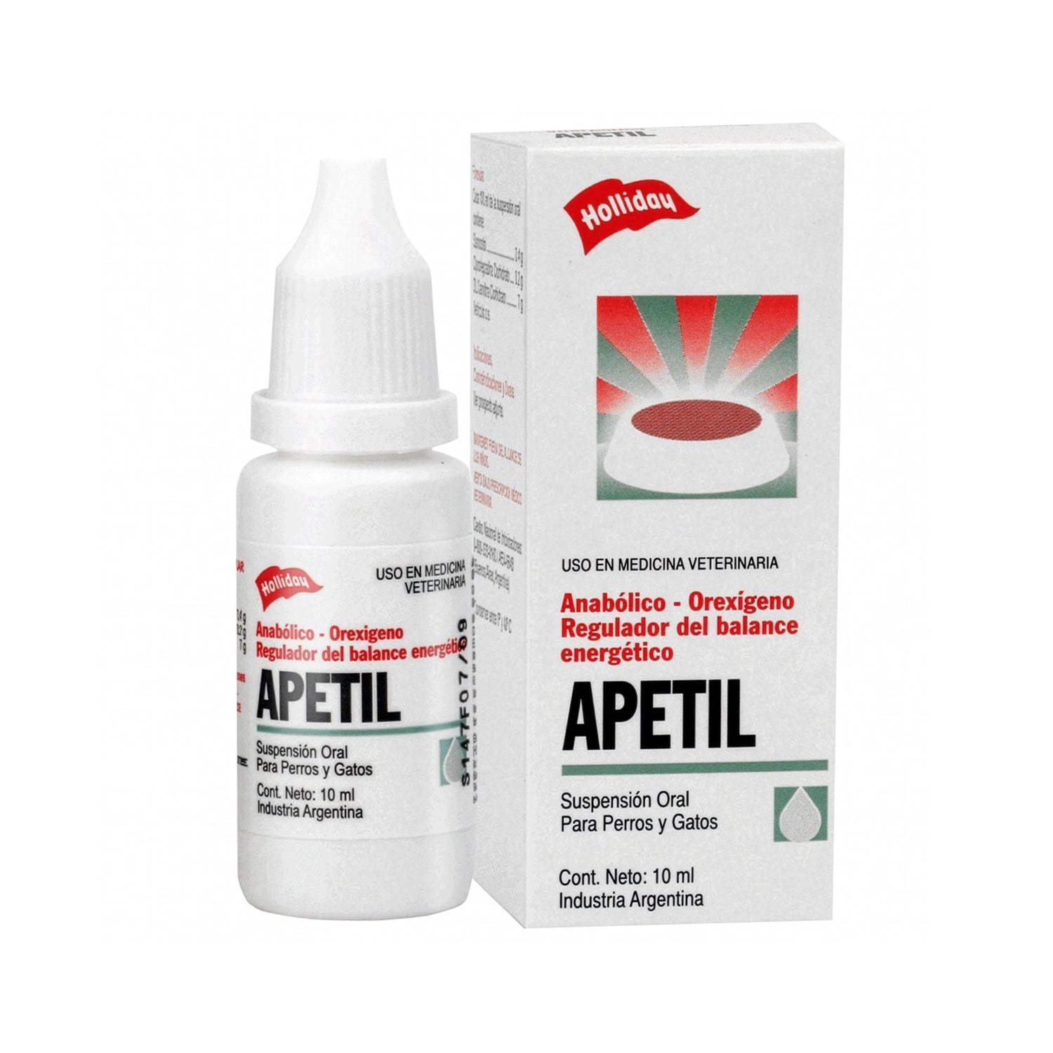 Frasco y caja de Apetil Gotas suspensión oral para perros y gatos, regulador energético veterinario de 10 ml.