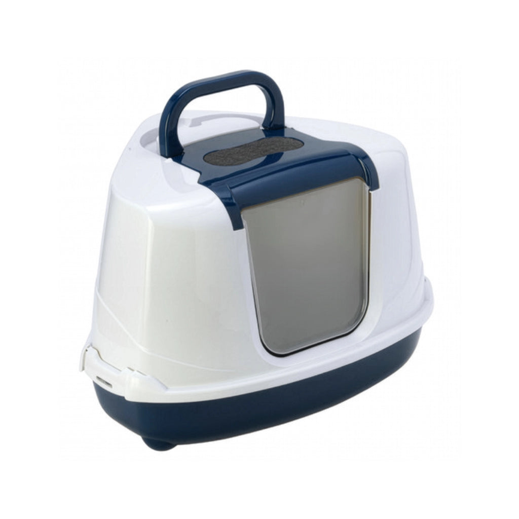 Arenero Esquinero Cerrado Flip Corner Moderna color blanco y azul, caja sanitaria para gatos con puerta abatible y asa.