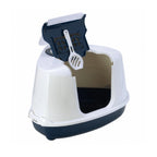 Arenero Esquinero Cerrado Flip Corner Moderna color blanco y azul, caja sanitaria para gatos con puerta abatible y asa.