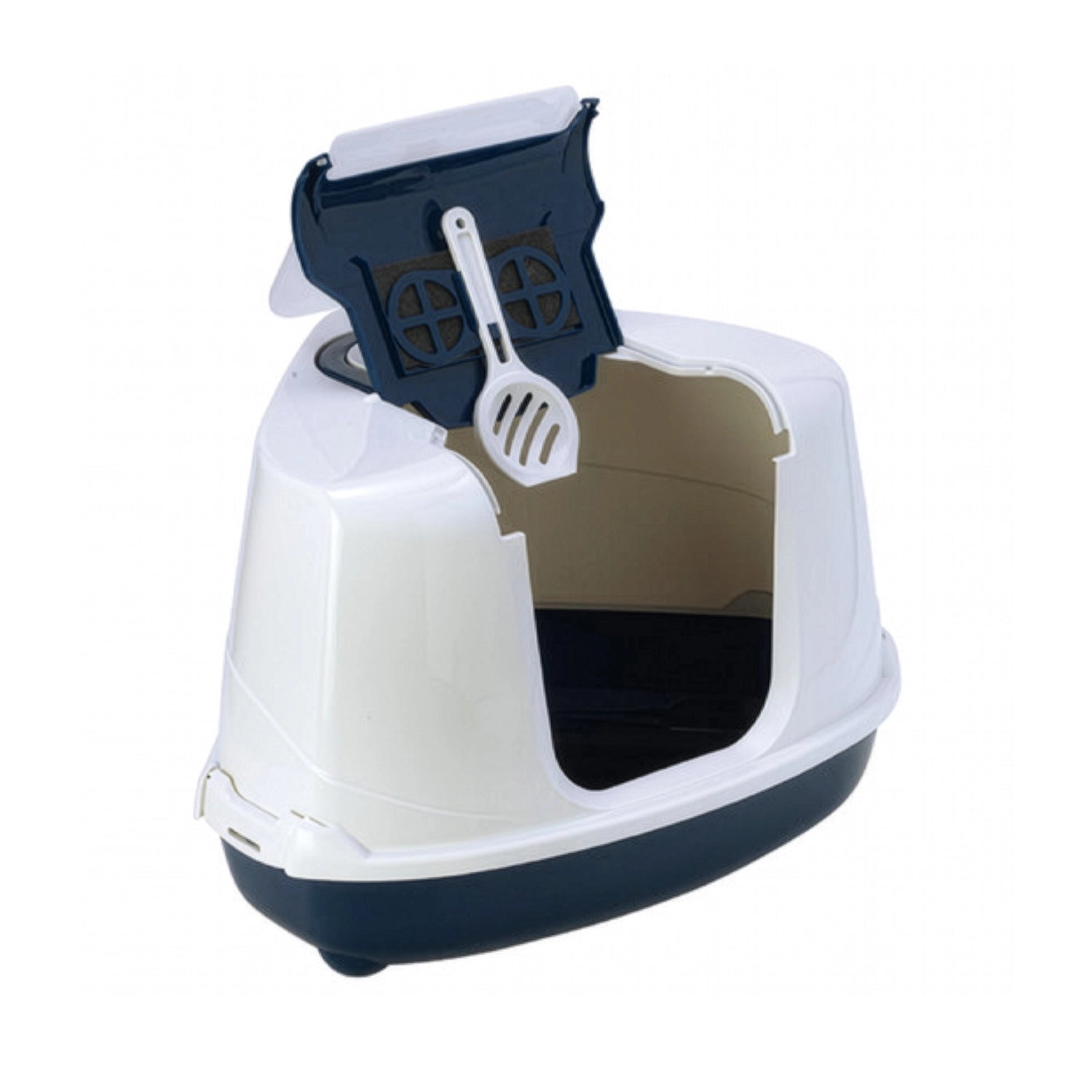 Arenero Esquinero Cerrado Flip Corner Moderna color blanco y azul, caja sanitaria para gatos con puerta abatible y asa.