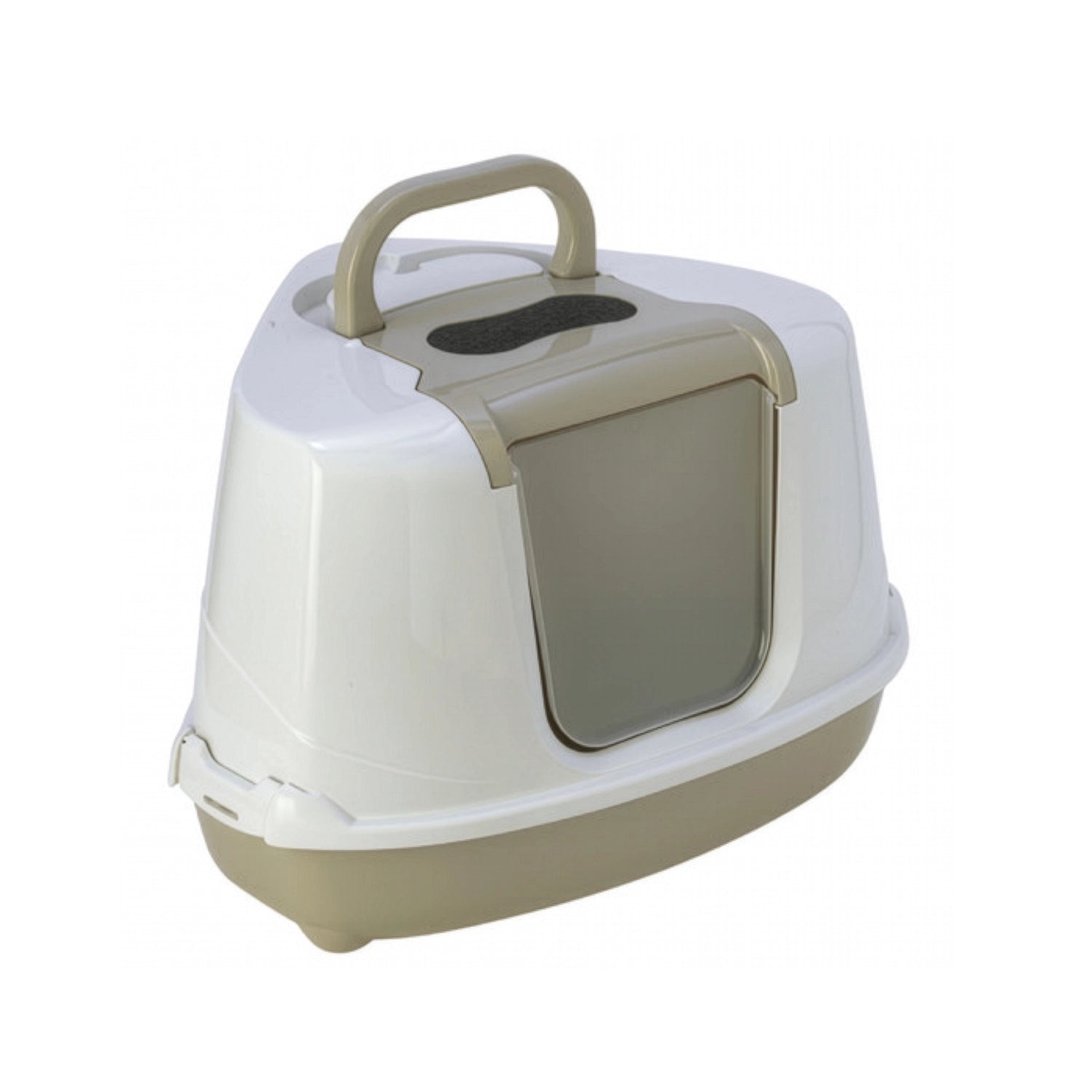 Arenero Esquinero Cerrado Flip Corner Moderna color blanco y 
gris , caja sanitaria para gatos con puerta abatible y asa.