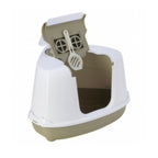Arenero Esquinero Cerrado Flip Corner Moderna color blanco y 
gris , caja sanitaria para gatos con puerta abatible y asa.