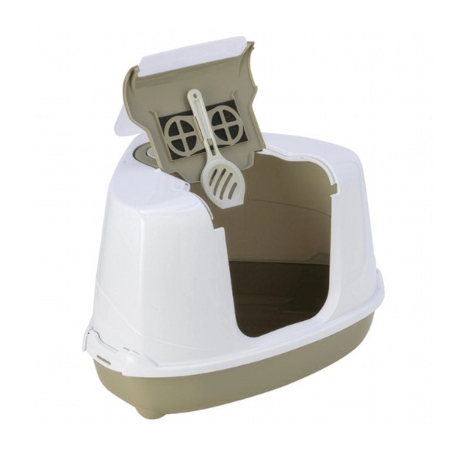 Arenero Esquinero Cerrado Flip Corner Moderna color blanco y 
gris , caja sanitaria para gatos con puerta abatible y asa.