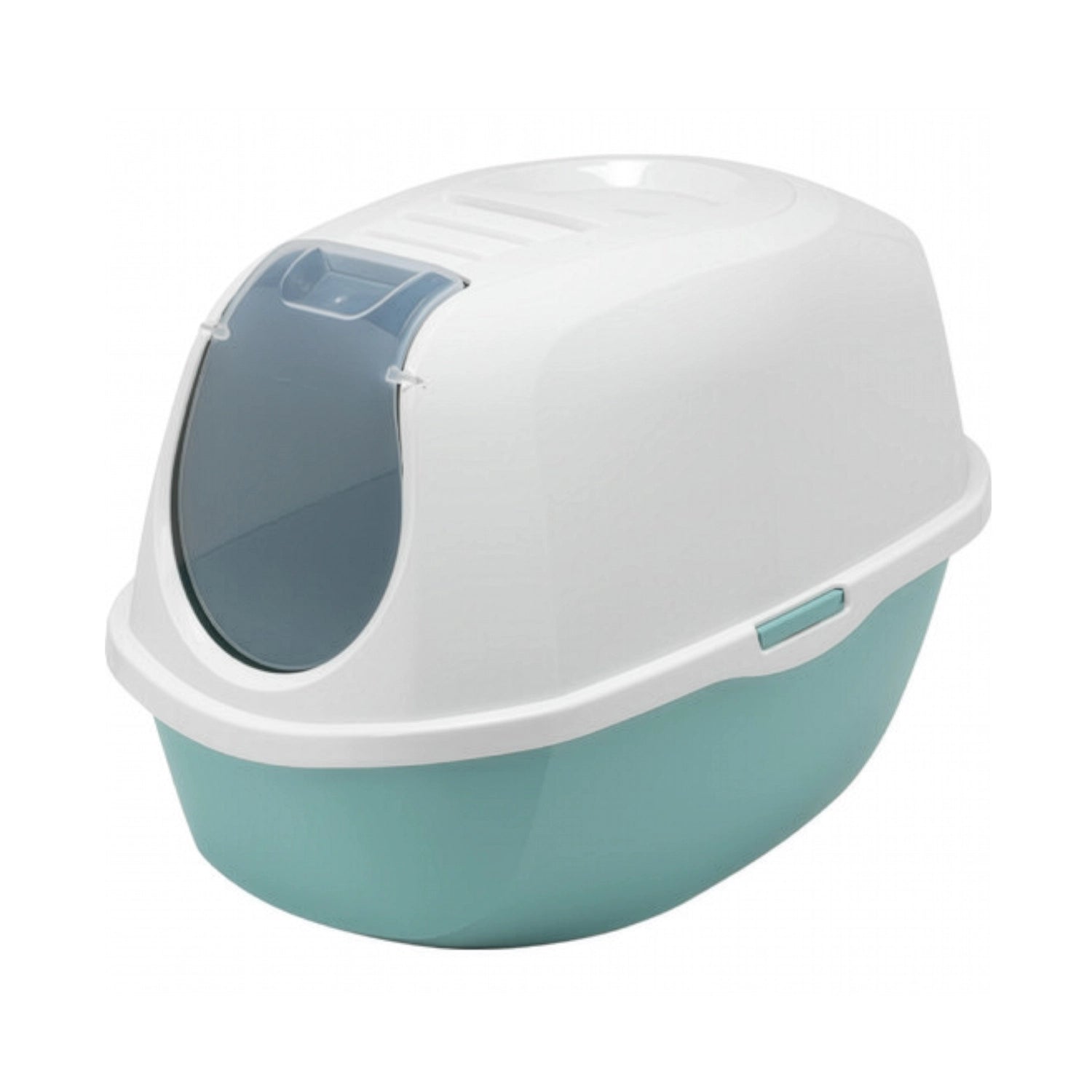 Arenero Cerrado Smart Cat Moderna color blanco y verde agua, caja sanitaria para gatos con puerta abatible y diseño cubierto.