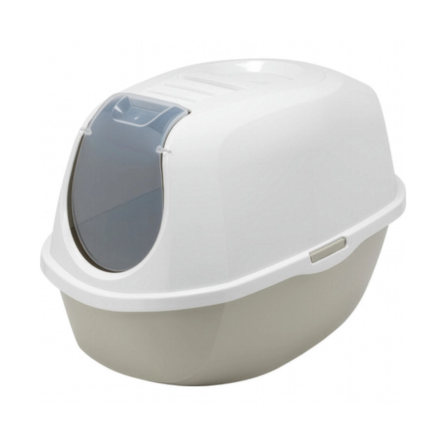 Arenero Cerrado Smart Cat Moderna color blanco y plomo, caja sanitaria para gatos con puerta abatible y diseño cubierto.