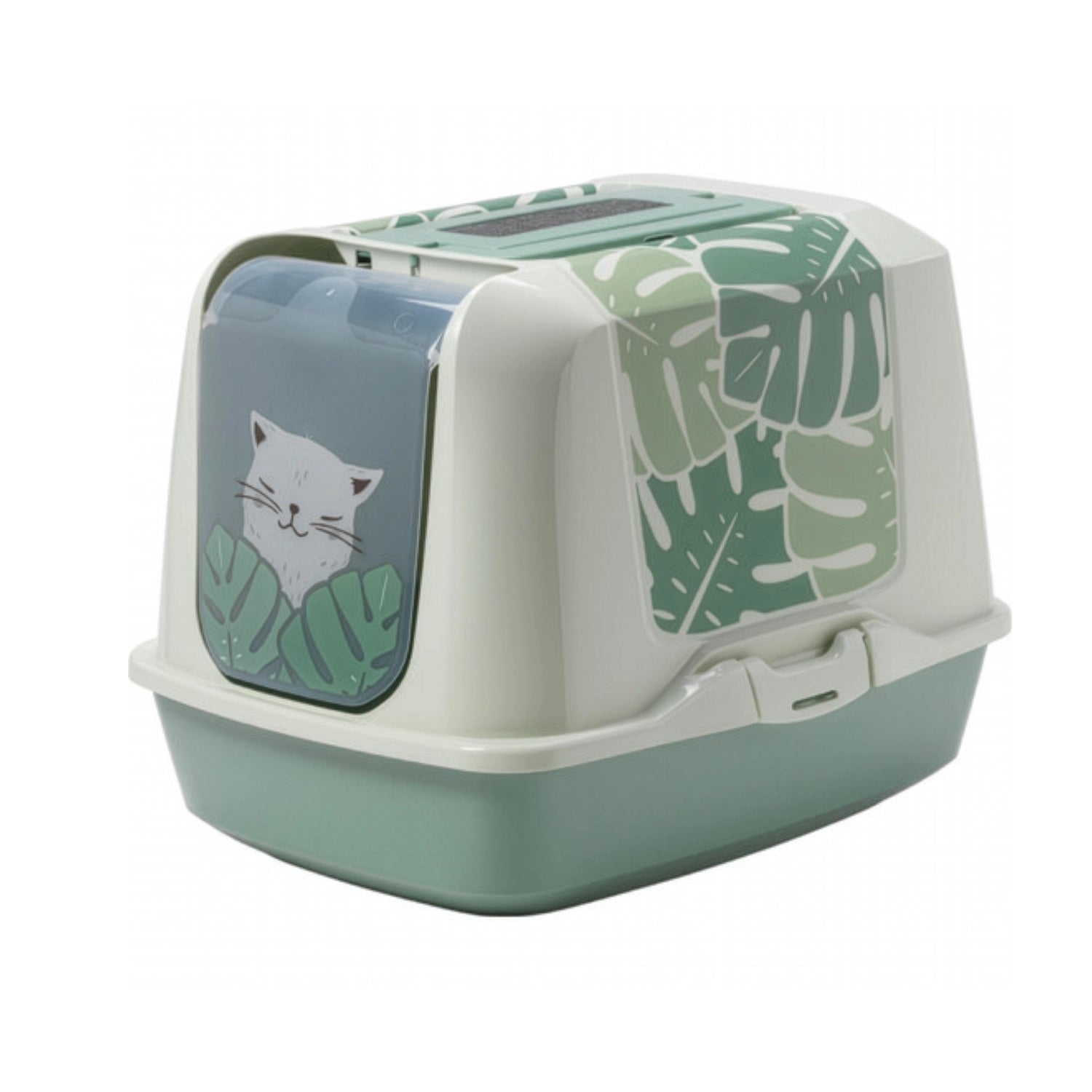 Arenero Trendy Cat Moderna, caja sanitaria cerrada para gatos con puerta abatible y diseño decorativo.