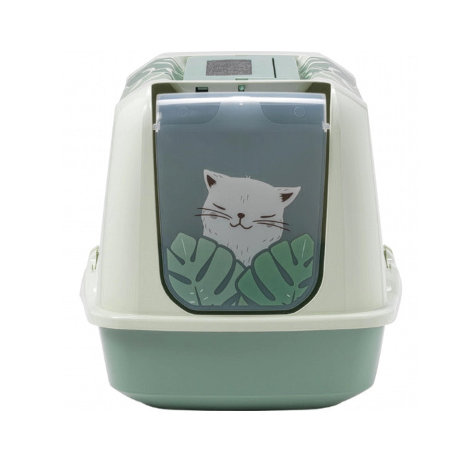 Arenero Trendy Cat Moderna, caja sanitaria cerrada para gatos con puerta abatible y diseño decorativo.