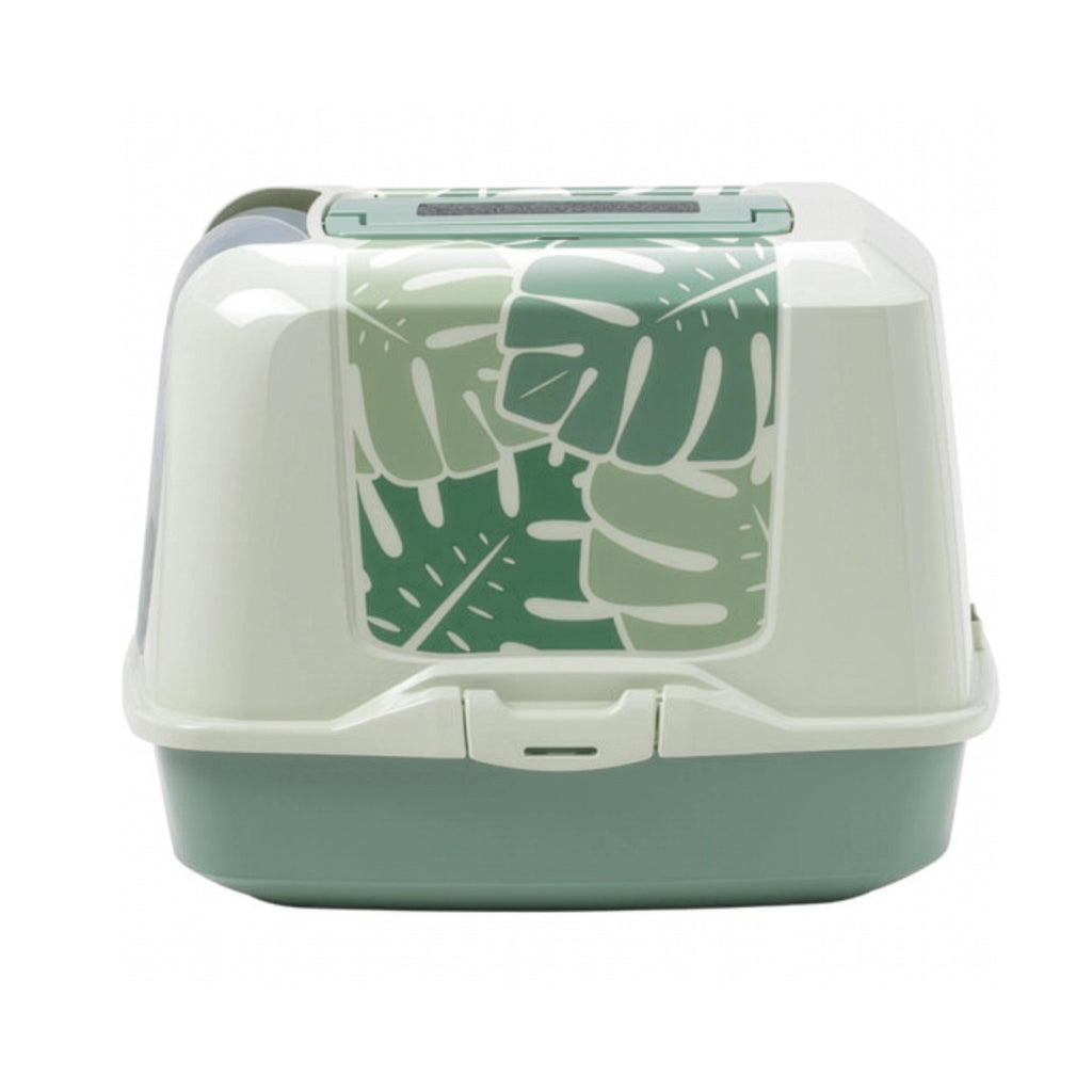 Arenero Trendy Cat Moderna, caja sanitaria cerrada para gatos con puerta abatible y diseño decorativo.
