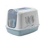 Arenero Trendy Cat Moderna color blanco y celeste, caja sanitaria cerrada para gatos con puerta abatible y diseño decorativo.