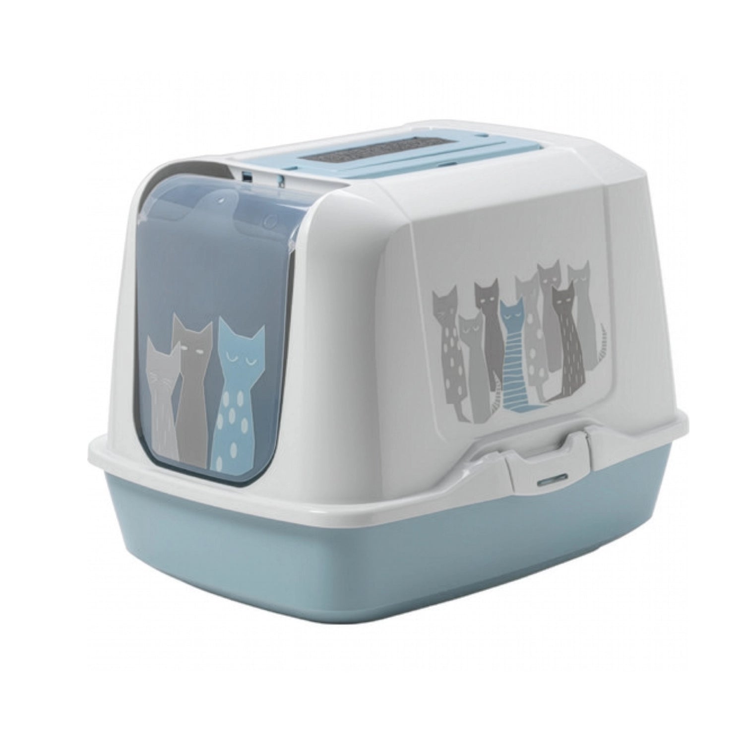 Arenero Trendy Cat Moderna color blanco y celeste, caja sanitaria cerrada para gatos con puerta abatible y diseño decorativo.