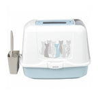Arenero Trendy Cat Moderna color blanco y celeste, caja sanitaria cerrada para gatos con puerta abatible y diseño decorativo.