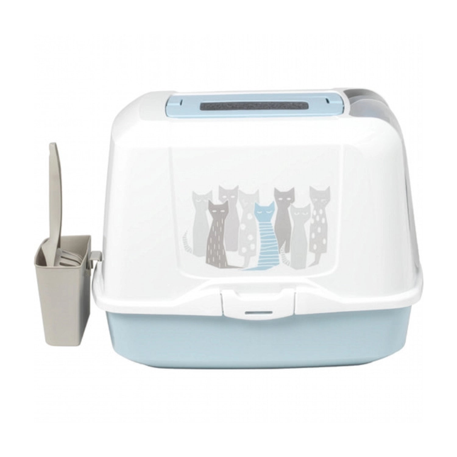 Arenero Trendy Cat Moderna color blanco y celeste, caja sanitaria cerrada para gatos con puerta abatible y diseño decorativo.
