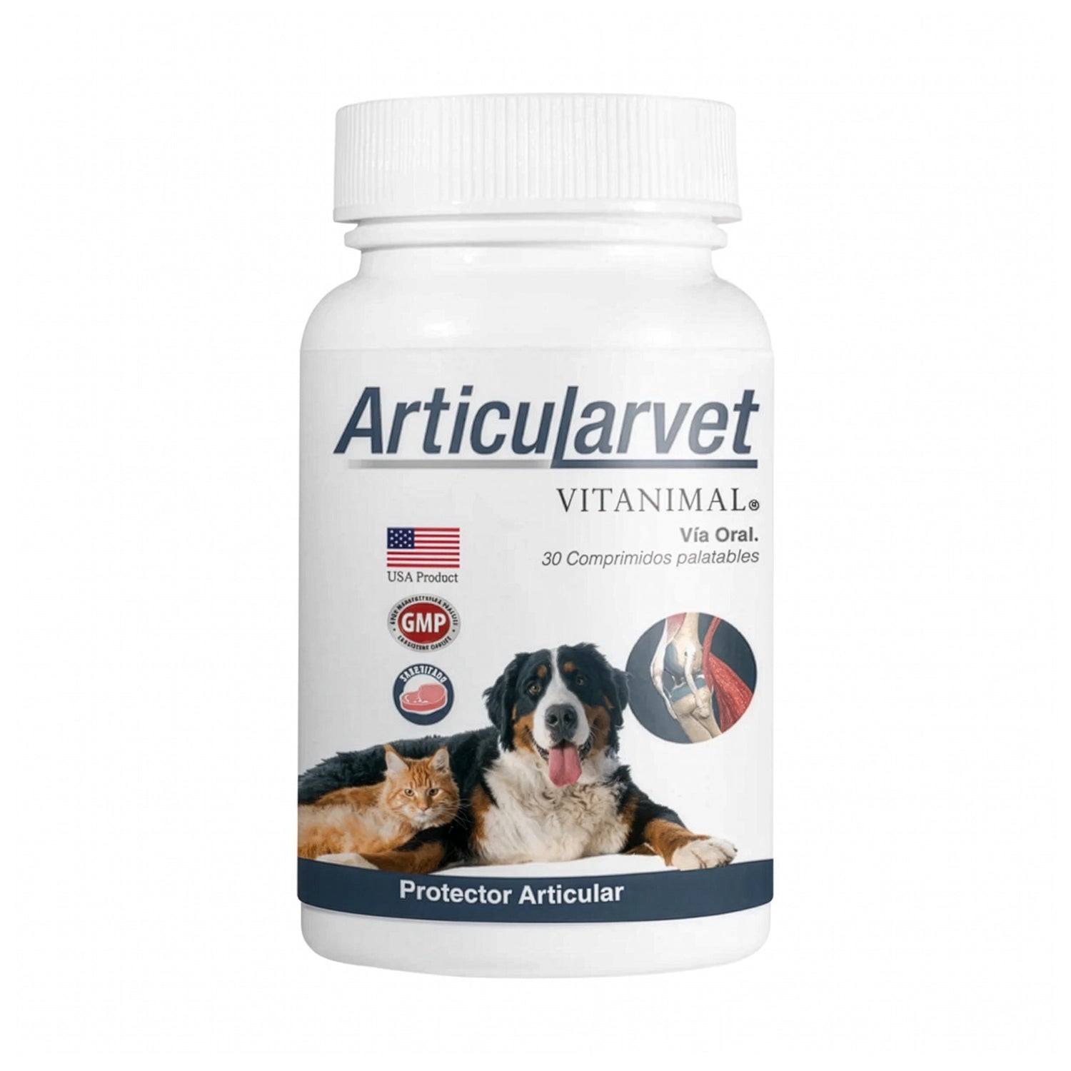 Articularvet para Perros y Gatos suplemento articular Vitanimal con 30 comprimidos y fórmula oral palatable.