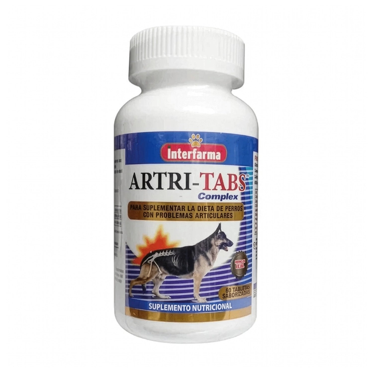 Artri Tabs Suplemento Articular para perros en frasco con 60 tabletas saborizadas y apoyo nutricional articular.