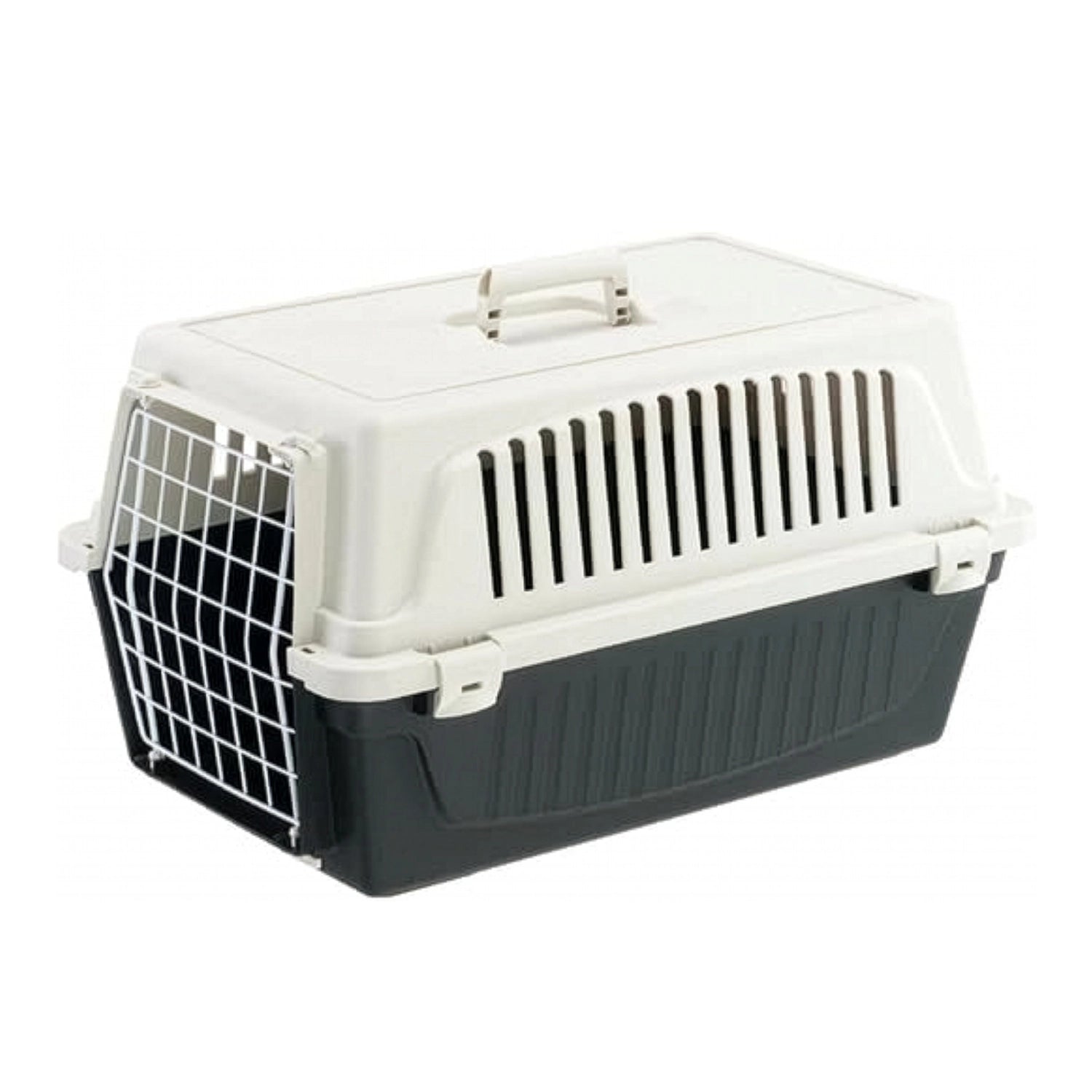 Transportadora Atlas 10 Ferplast con puerta metálica, rejillas de ventilación y asa superior, ideal para el traslado seguro de mascotas.