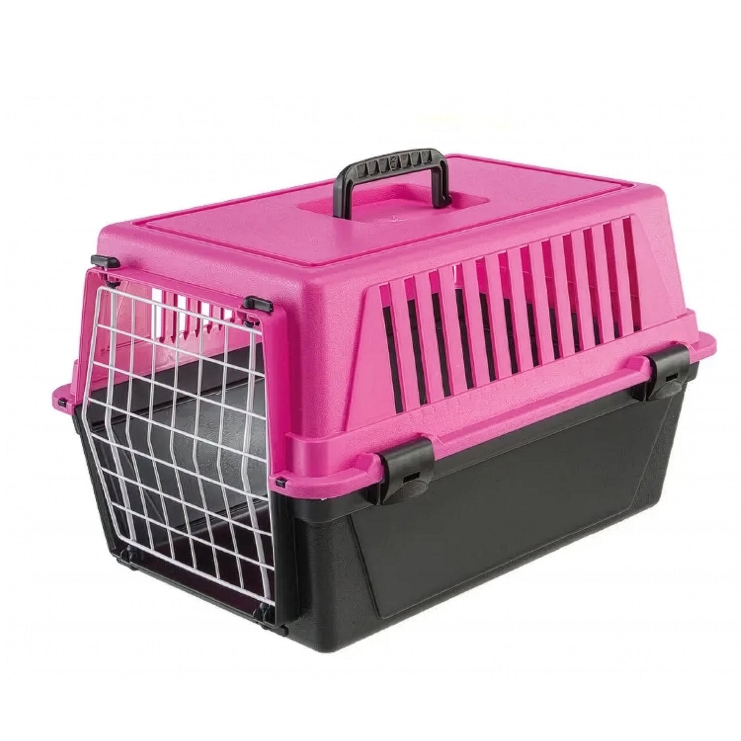 Transportadora Atlas 10 Ferplast con puerta metálica, rejillas de ventilación y asa superior, ideal para el traslado seguro de mascotas.