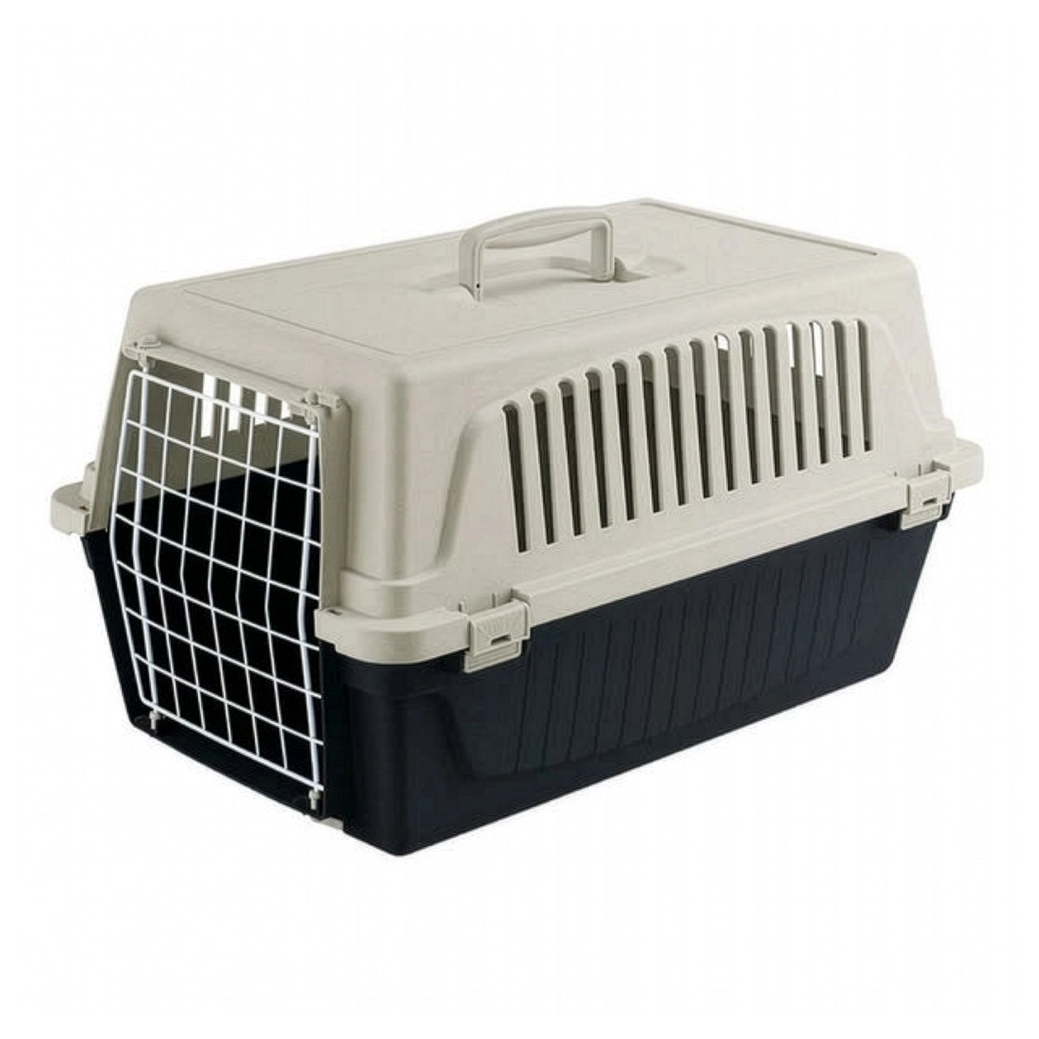 Transportadora Atlas 20 Ferplast con puerta metálica, rejillas de ventilación y asa superior, ideal para el traslado seguro de mascotas.