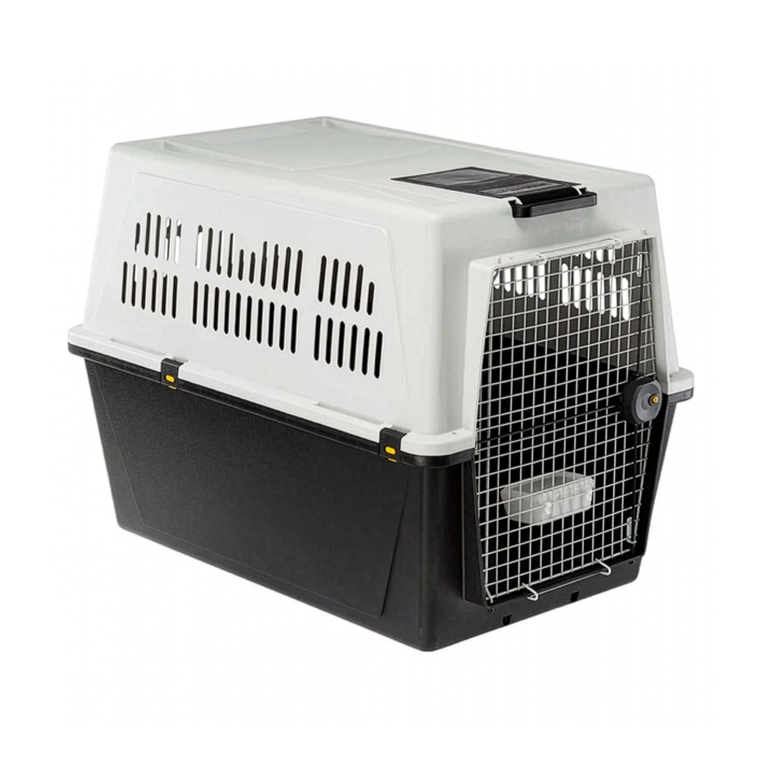 Transportadora Atlas 20 Ferplast con puerta metálica, rejillas de ventilación y asa superior, ideal para el traslado seguro de mascotas.