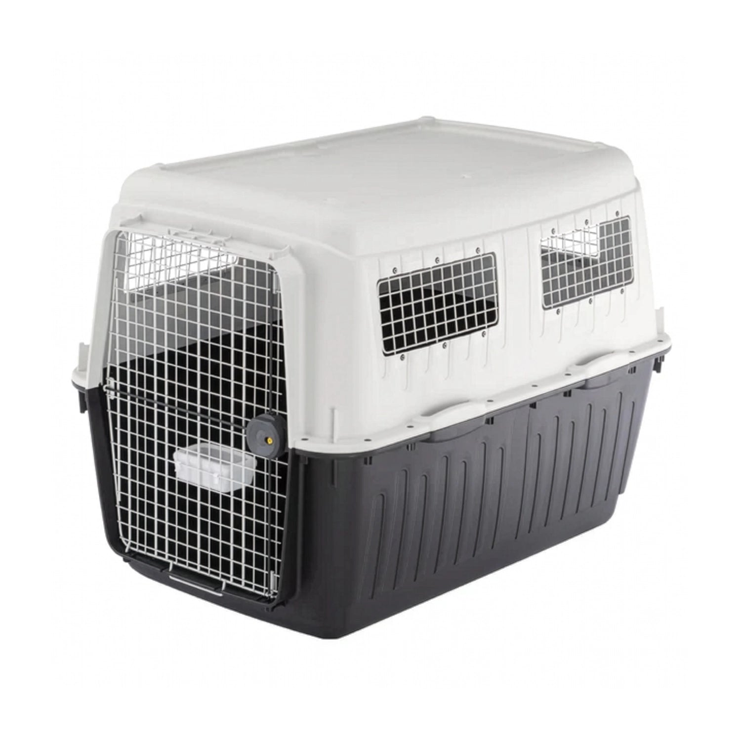 Transportadora Atlas 80 Profesional Ferplast para perros grandes, con puerta metálica, amplias rejillas de ventilación y bebedero frontal.