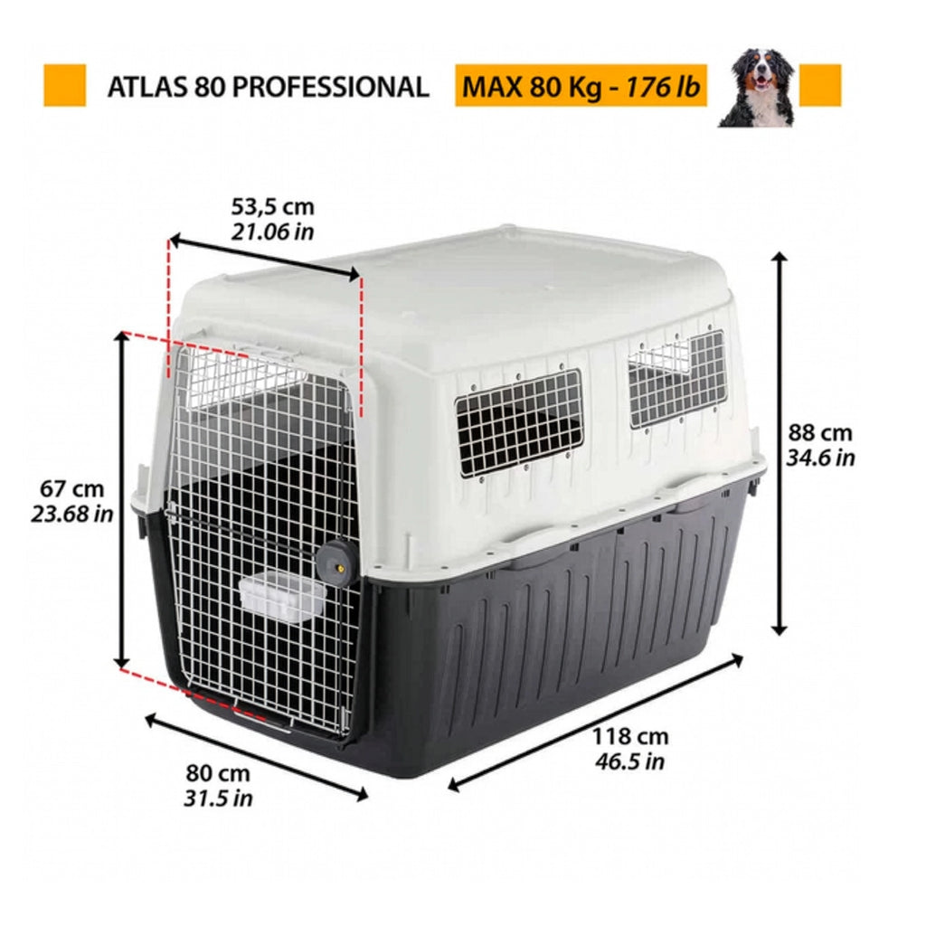 Transportadora Atlas 80 Profesional Ferplast para perros grandes, con puerta metálica, amplias rejillas de ventilación y bebedero frontal.