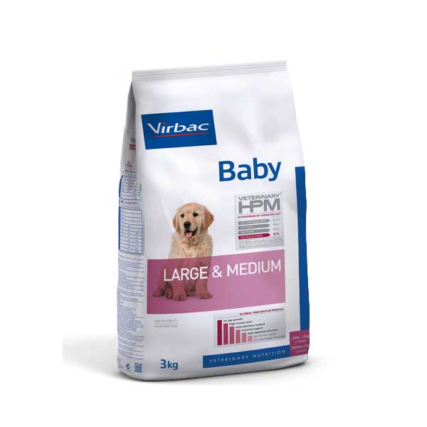 Cachorro Large & Medium Virbac HPM, alimento veterinario para cachorros de razas medianas y grandes, diseño blanco.