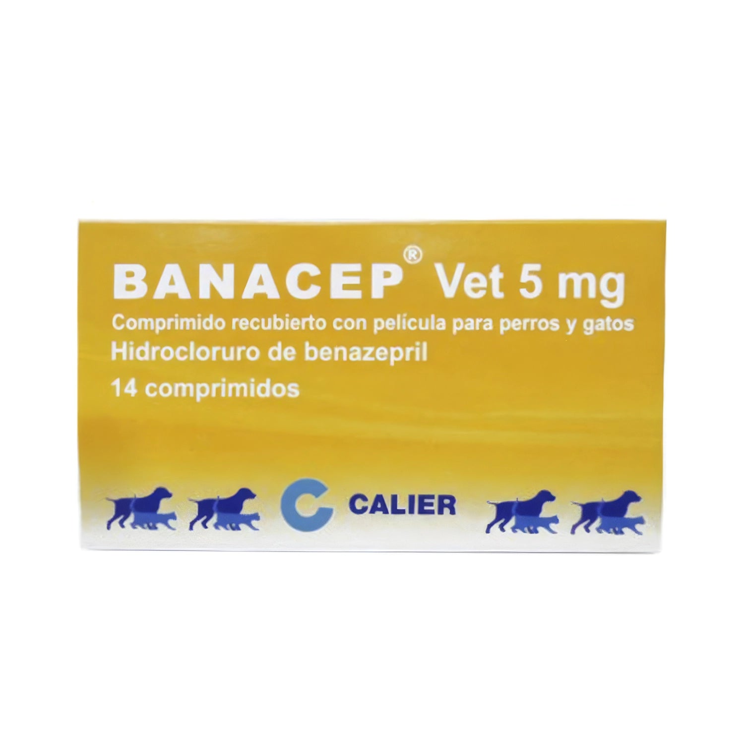 Banacep Benazepril Clorhidrato 5mg en caja de 14 comprimidos para perros y gatos, presentación veterinaria Calier.