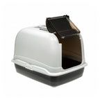 Baño Sanitario Maxi Bella Cabrio Ferplast con cubierta blanca, base gris, puerta abatible y filtro superior para mayor higiene felina.
