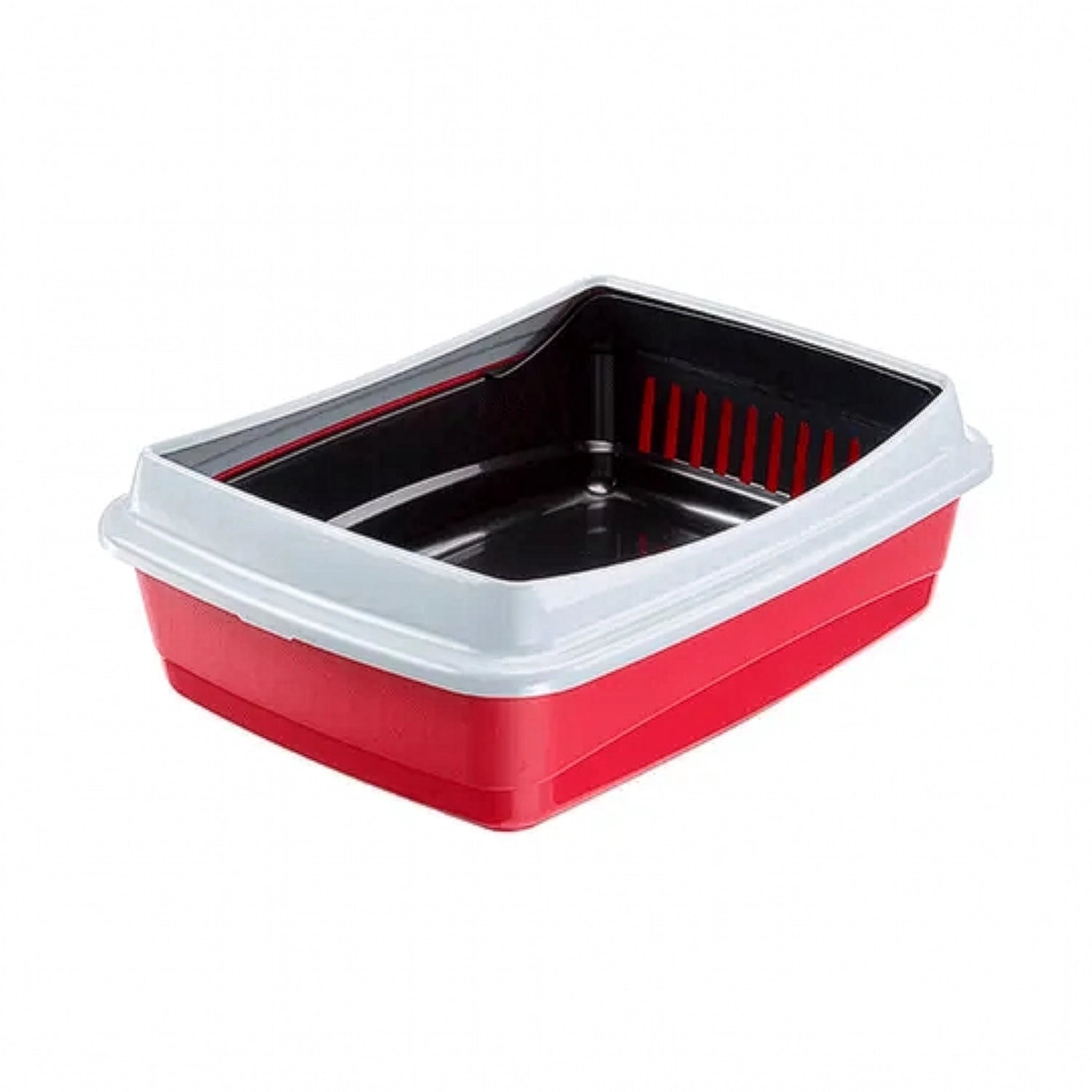 Bandeja Sanitaria con Colador Ariel 10 Plus en color rojo y negro con borde gris, diseñada para facilitar la limpieza diaria del arenero.