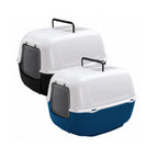 Baño Sanitario Home Prima Ferplast con diseño cerrado, puerta abatible y asa superior, disponible en colores azul y negro para gatos.