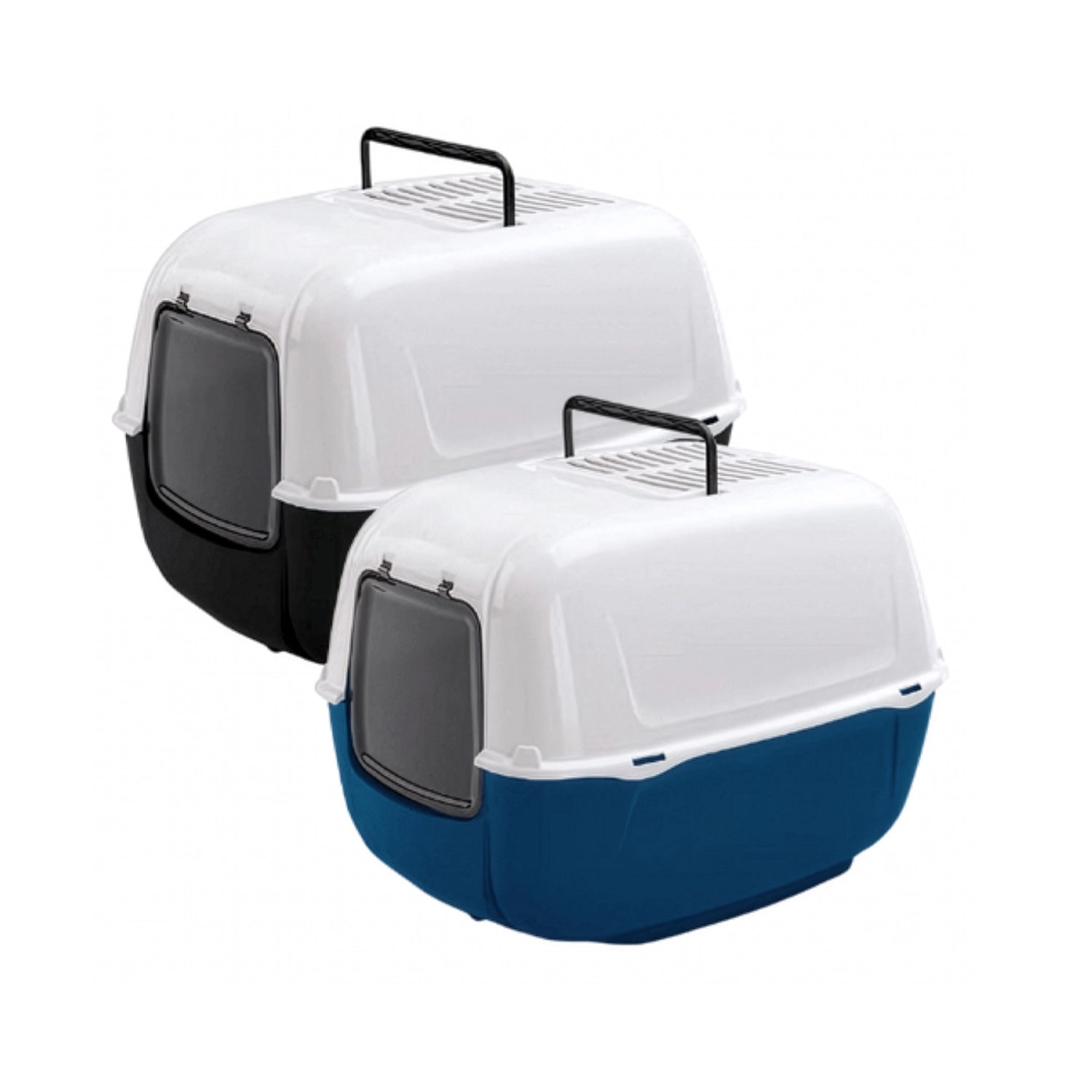 Baño Sanitario Home Prima Ferplast con diseño cerrado, puerta abatible y asa superior, disponible en colores azul y negro para gatos.