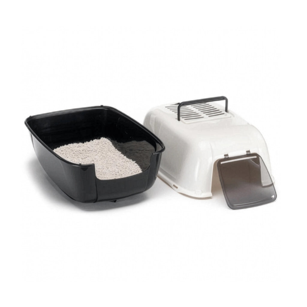 Baño Sanitario Home Prima Ferplast con diseño cerrado, puerta abatible y asa superior, disponible en colores azul y negro para gatos.