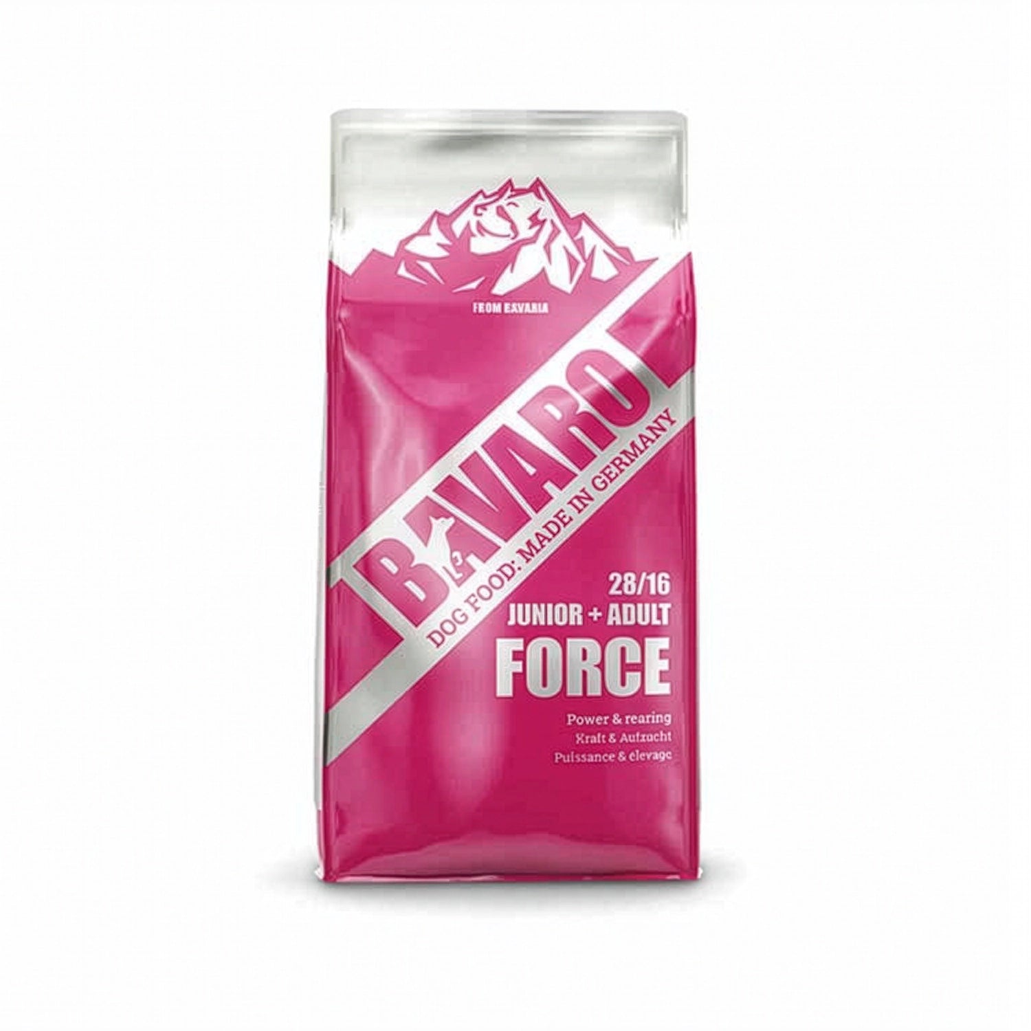 Bavaro Force para Perros en bolsa de alimento seco 28/16 para perros junior y adultos, con diseño rojo y blanco sobre fondo blanco.