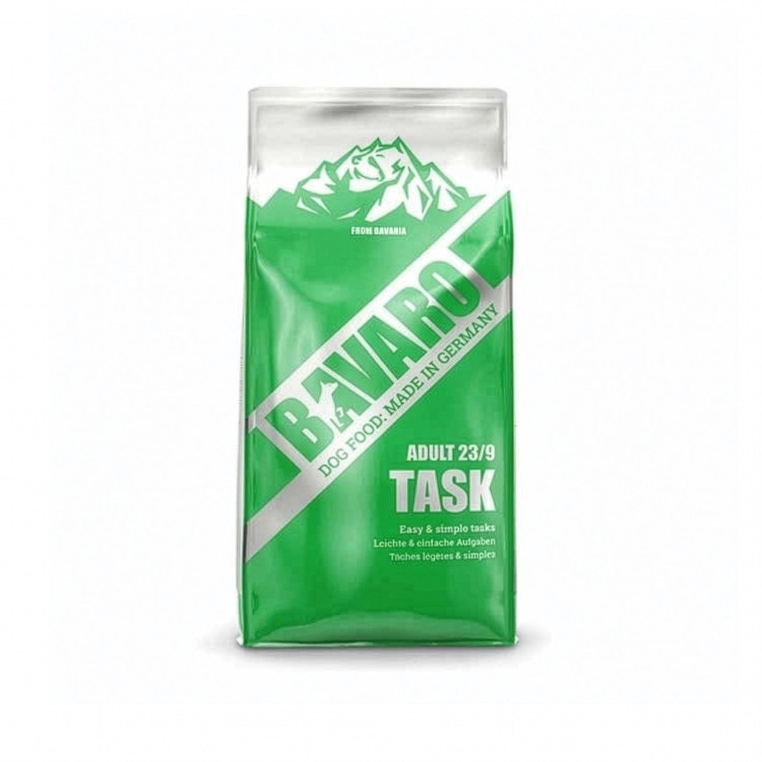 Bavaro Task para Perros en bolsa de alimento seco para perros adultos con fórmula 23/9, diseño verde y blanco sobre fondo blanco.