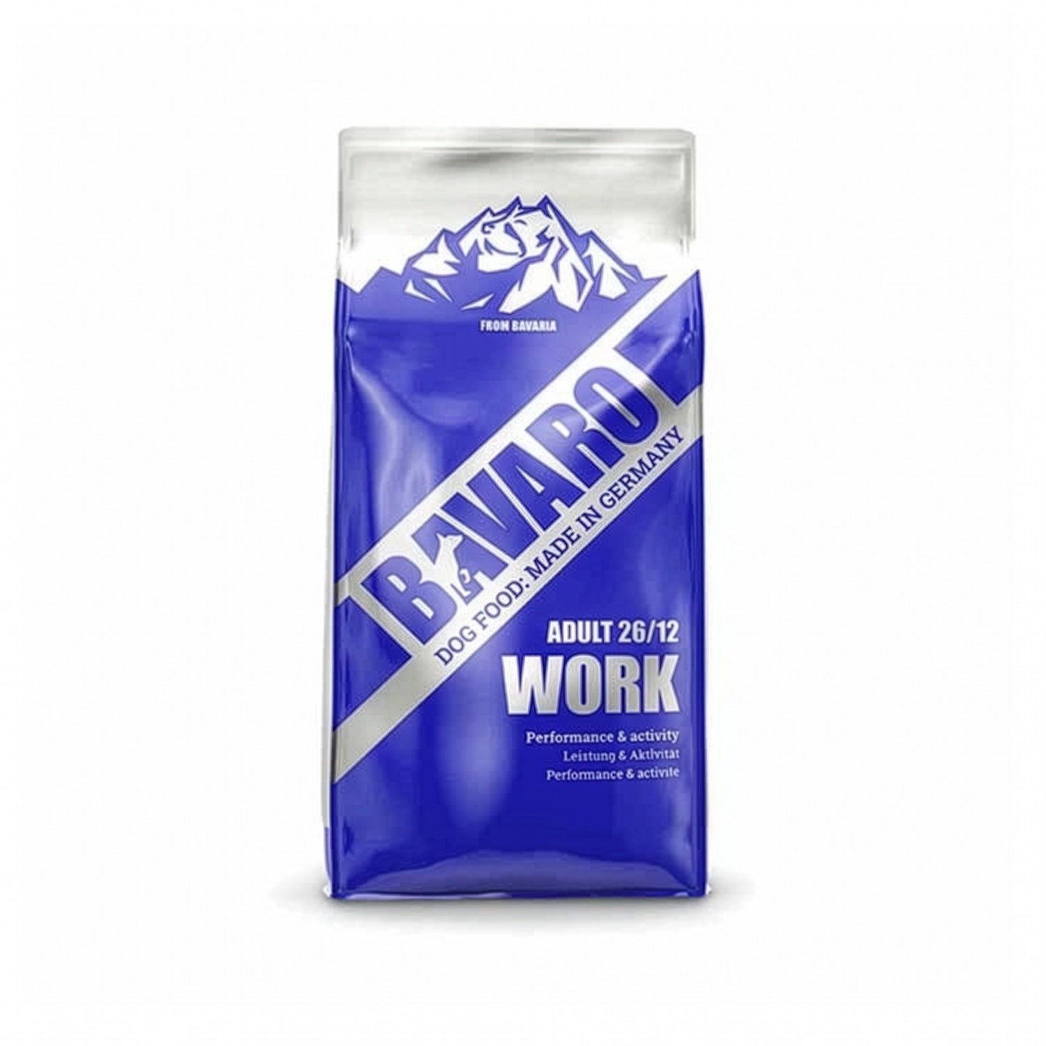 Bavaro Work para Perros en bolsa de alimento seco para perros adultos con fórmula 26/12, diseño azul y blanco sobre fondo blanco.