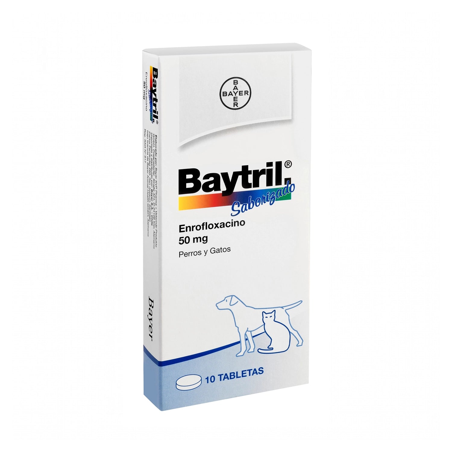 Presentación de Baytril 50 mg Bayer para mascotas, antibiótico saborizado con diseño blanco y azul para perros y gatos.