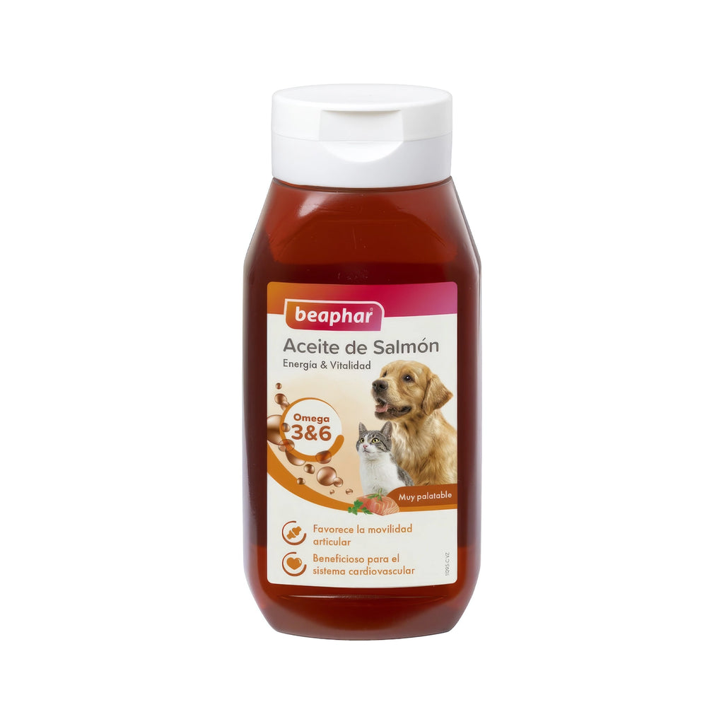 Beaphar Aceite de Salmón para Perros y Gatos en botella con tapa blanca, suplemento rico en omega 3 y 6 para vitalidad.